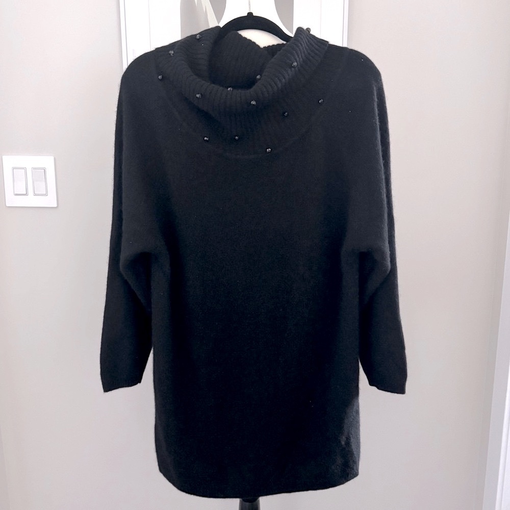 Mayon Black Lambswool Angora Sweater Dress, Cowl Neck Jewel Detail, Size 38 (M)